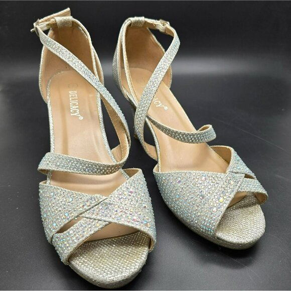 Womens Heels Silver Glitter Rhinestone Strappy Open Toe Delicacy Size 7 JJ4016 - Picture 3 of 9